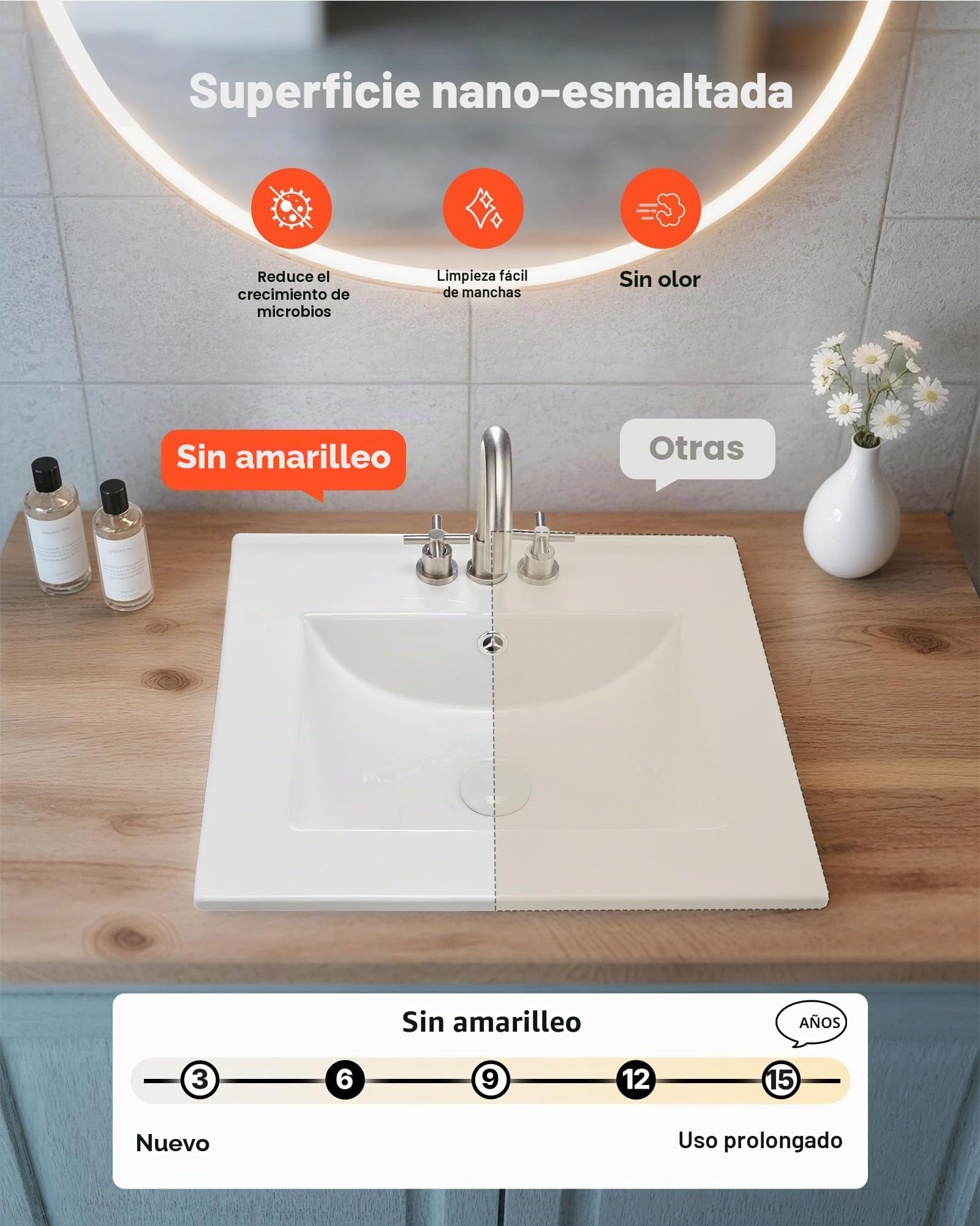 VEVOR Lavabo Semiencastrado Rectangular, 510 x 465 x 170 mm, Sobre Encimera con Rebosadero y 3 Orificios para Grifo, Moderno Lavabo Empotrado para Espacios Pequeños, Cocina y Baño, Color Blanco