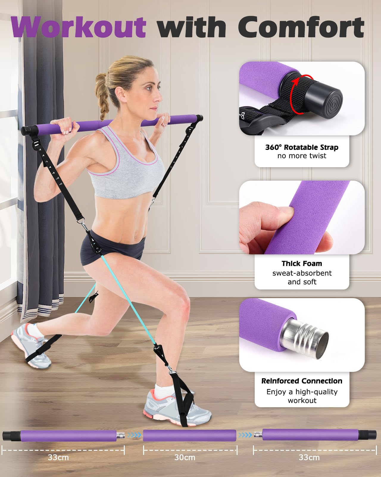 Zacro Kit de Barra de Pilates - Sets de Pilates con 6 Bandas de Resistencia, Ajustables Juego de Bandas de Fitness Smart Workout, Gomas Elasticas Musculacion para Gimnasio En Casa