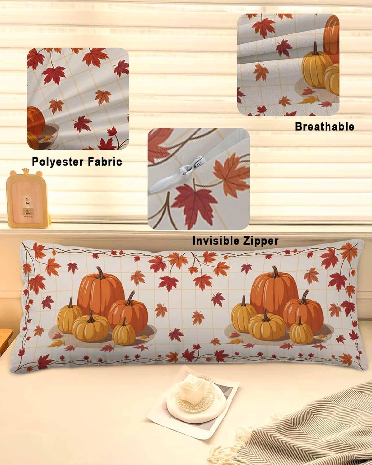Orange Yellow Pumpkin Fall Long Pillow Cover 20x60,Thanksgiving Maple Leaf Checked Decorative Reversible Pillowcase with Zipper for Sofa Couch Bed,Lightweight Throw Pillow Sham Cushion Case Protectors