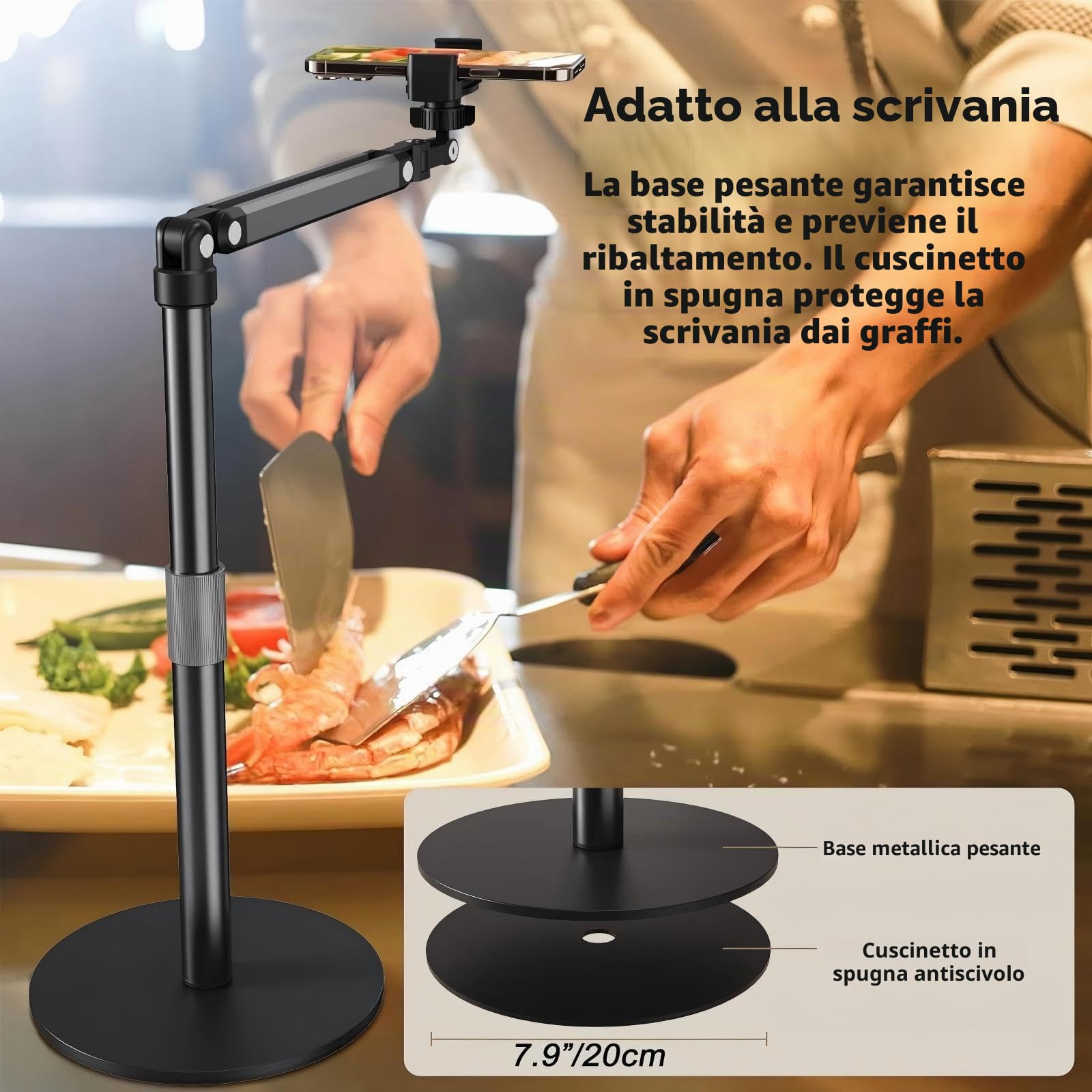 Supporto Telefono Regolabile 360°, Supporto Cellulare da Tavolo Compatibile iPhone/Samsung/Huawei per Riprese Zenitali, Live e Video Professionali