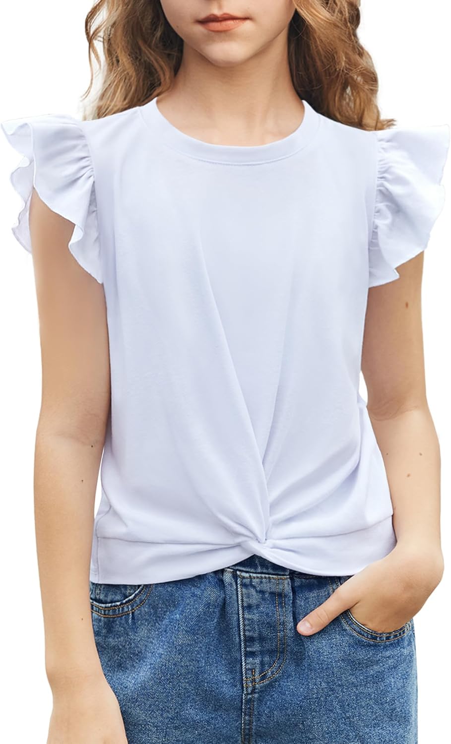 Arshiner Girls Shirt - Short-Sleeve Twist Front T-Shirt for Girls with Cute Flying Sleeves - Summer Blouse Tunic Tee Tops
