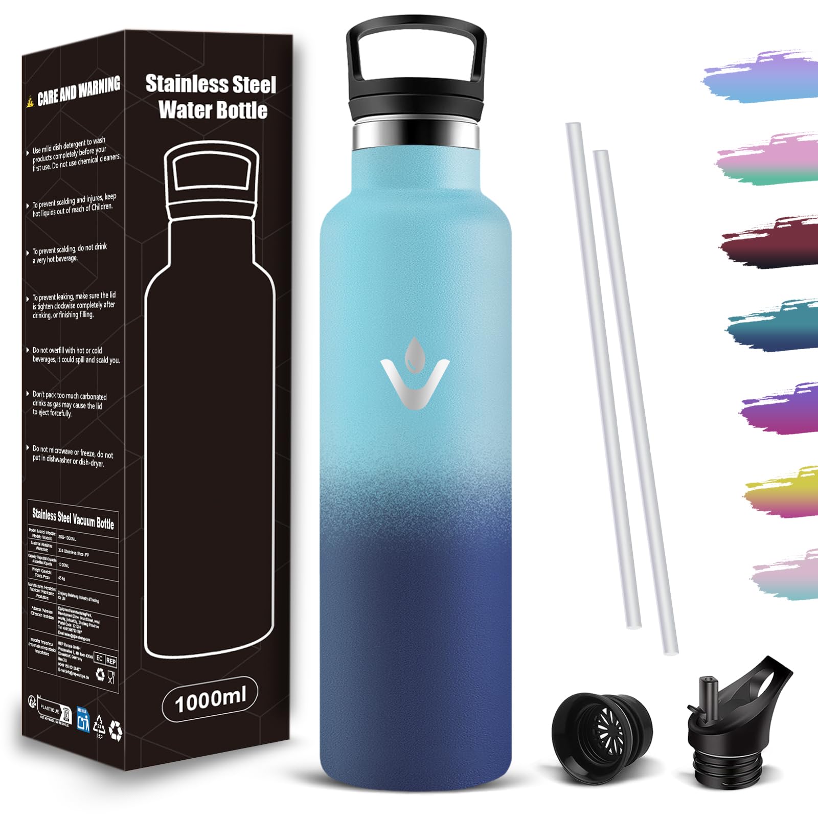Mujigaga Insulated Water Bottle, BPA-Free Insulated Sports Bottle, 1L Stainless Steel Sports Bottle, Double Insulated, Leakproof Water Bottle with Straw for Sports, Camping, Travel, Gym