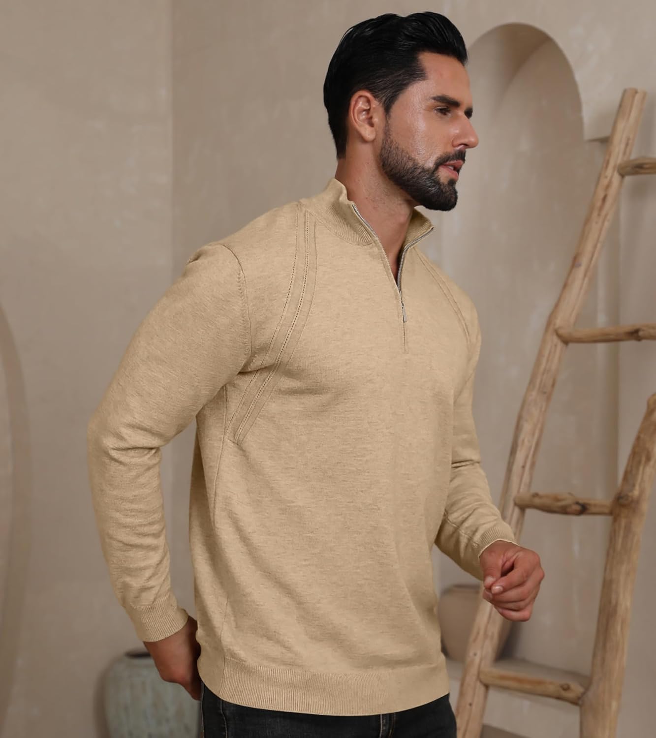 Mens Fashion Knit Pullover Sweater Quarter Zip Long Sleeve Mock Neck Ribbed Sweater - Image 3