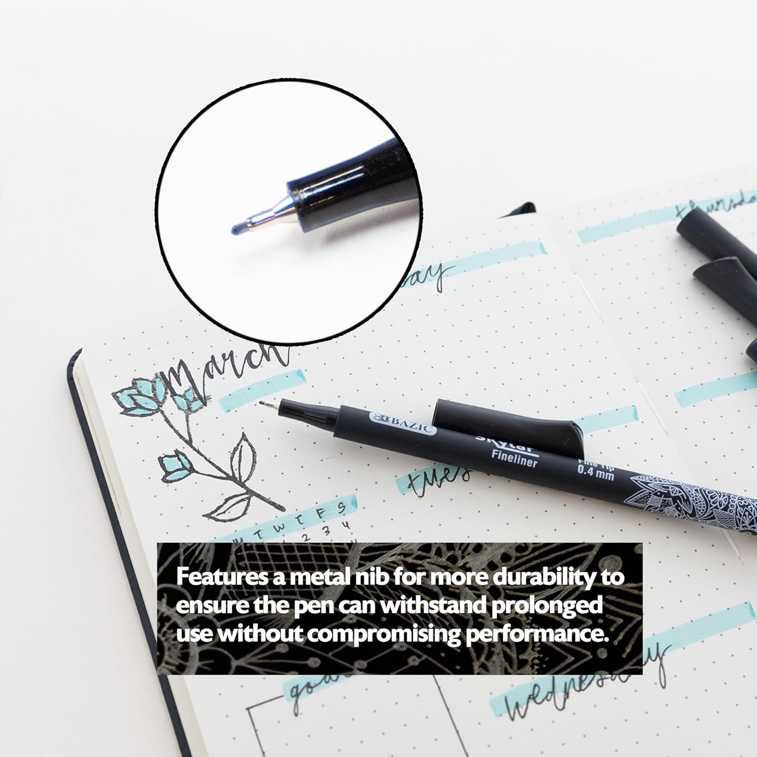 BAZIC Products Skylar Fineliner Pen, Fine Tip 0.4mm Pens, Black Ink, Writing Drawing Bullet Journaling Notes for Art Graphic Office School, 4 Count, 144-Pack