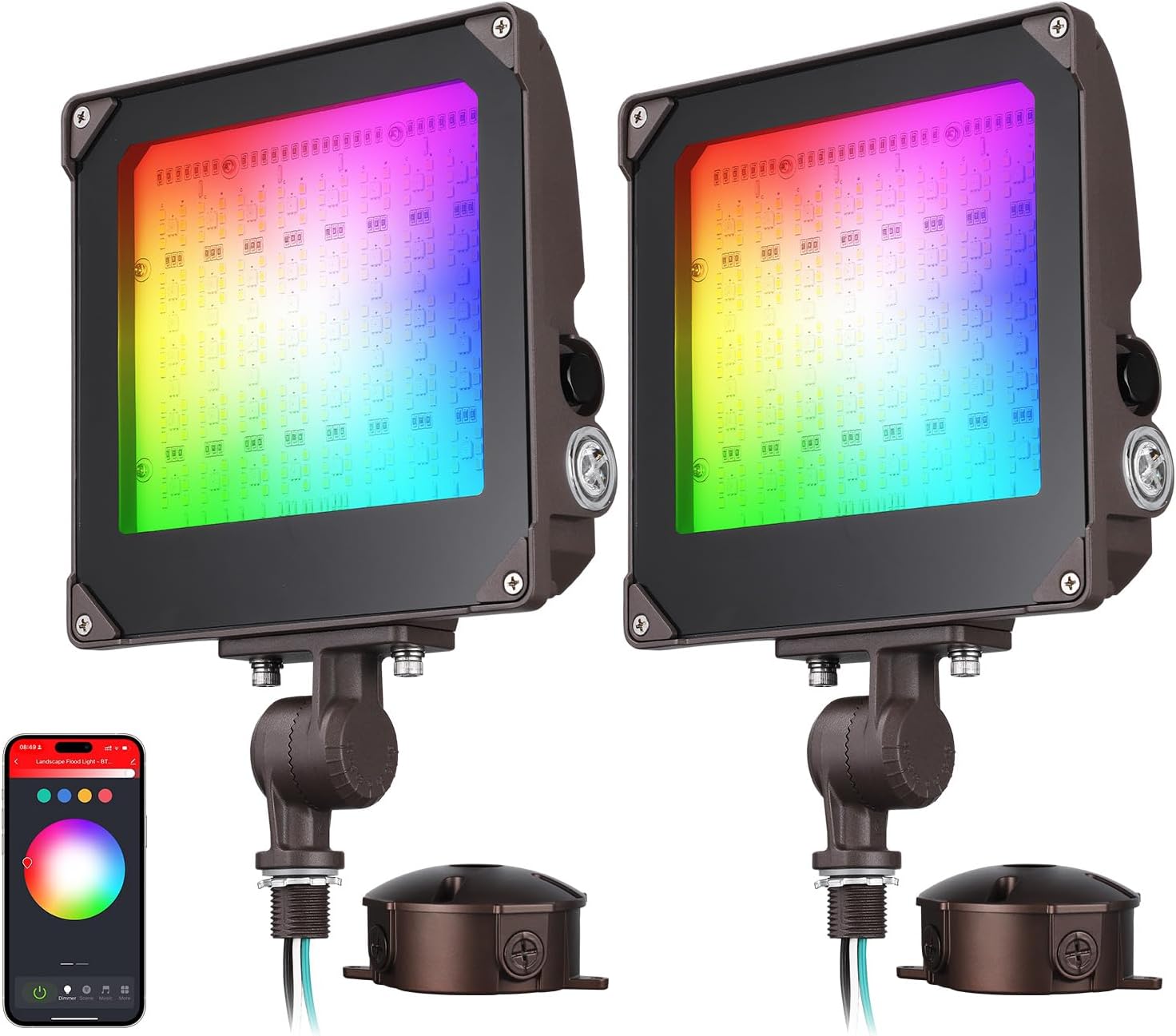 LEONLITE Smart RGB 100W LED Flood Light with Knuckle, Bluetooth Connection APP Control, Commercial Area Lighting for Outdoor Decorations, 3000K-5000K Dimmable, 100-277V, IP65 Waterproof, Pack of 2 LEONLITE Smart RGB 100W LED Flood Light with Knuckle, Bluetooth Connection APP Control, Commercial Area Lighting for Outdoor Decorations, 3000K-5000K Dimmable, 100-277V, IP65 Waterproof, Pack of 2