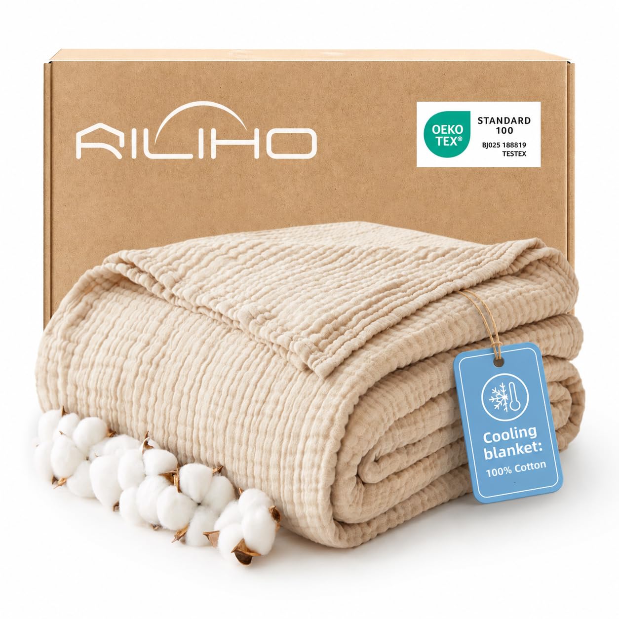 RILIHO 100% Cotton Muslin Blanket Adult Large Size, Cooling Summer Blanket, 6 Layers Breathable and Lightweight Cotton Blankets for Couch, Gauze Blanket for All Season, 152 x 203 cm, Beige