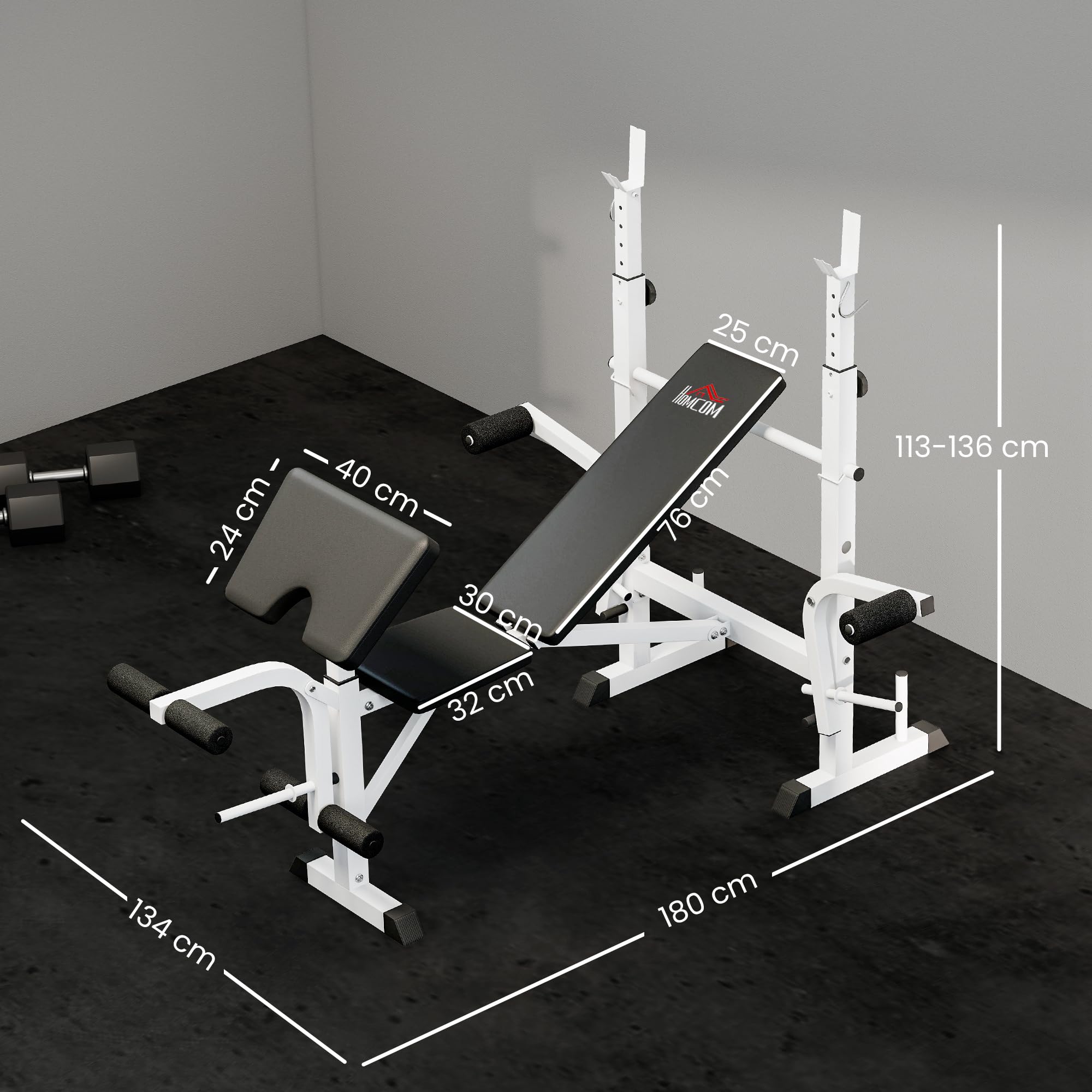 HOMCOM Banco de Musculación Multifuncional Inclinable, Banco de Pesas, Press Banca con Soporte para Barra Ajustable, Extensión de Piernas, Curl de Predicador, Mariposa, Entrenamiento en Casa, Gimnasio