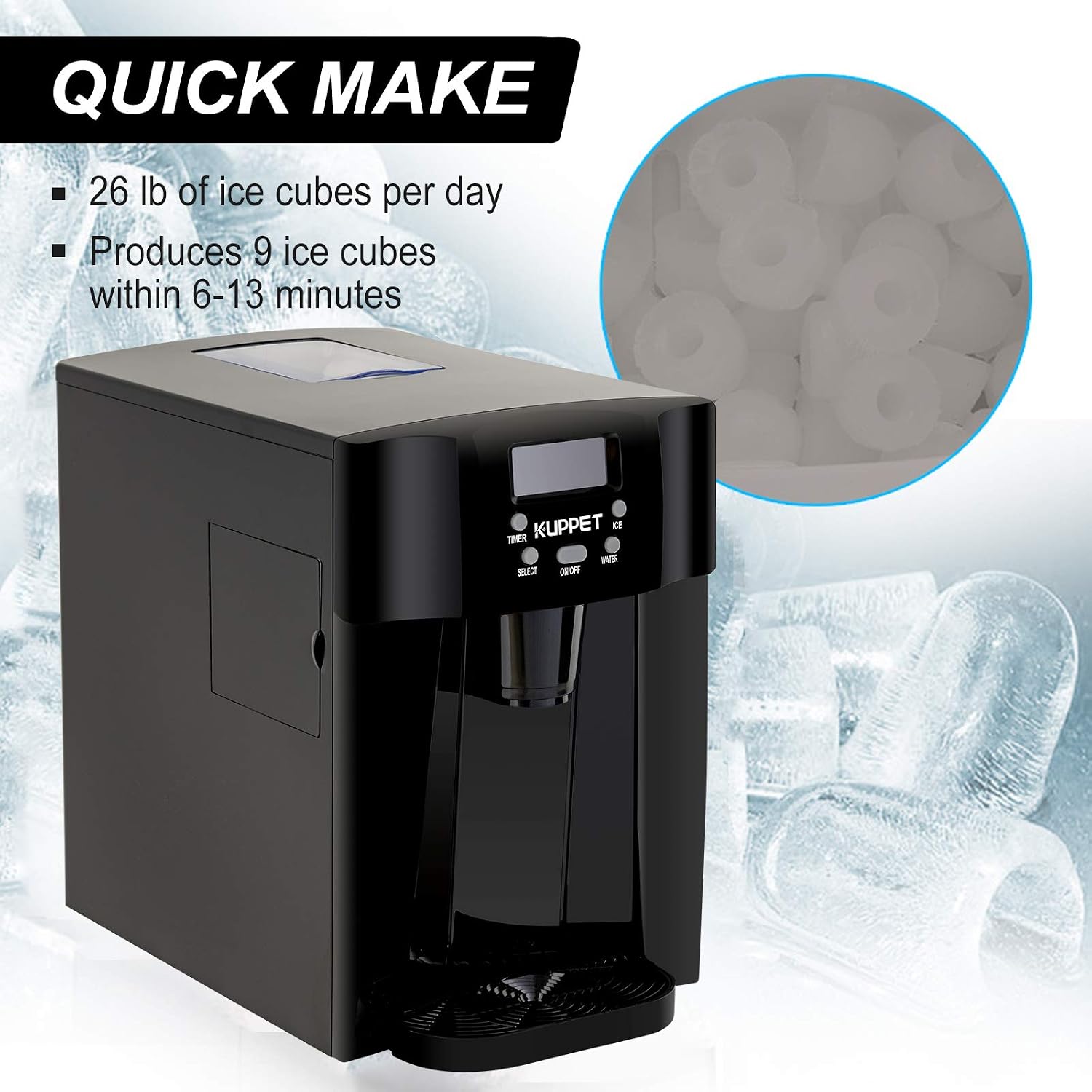 KUPPET 2 in 1 Countertop Ice Maker Water Dispenser, Ready in 6min, Produces 36 lbs Ice in 24 Hours, LED Display (Black)