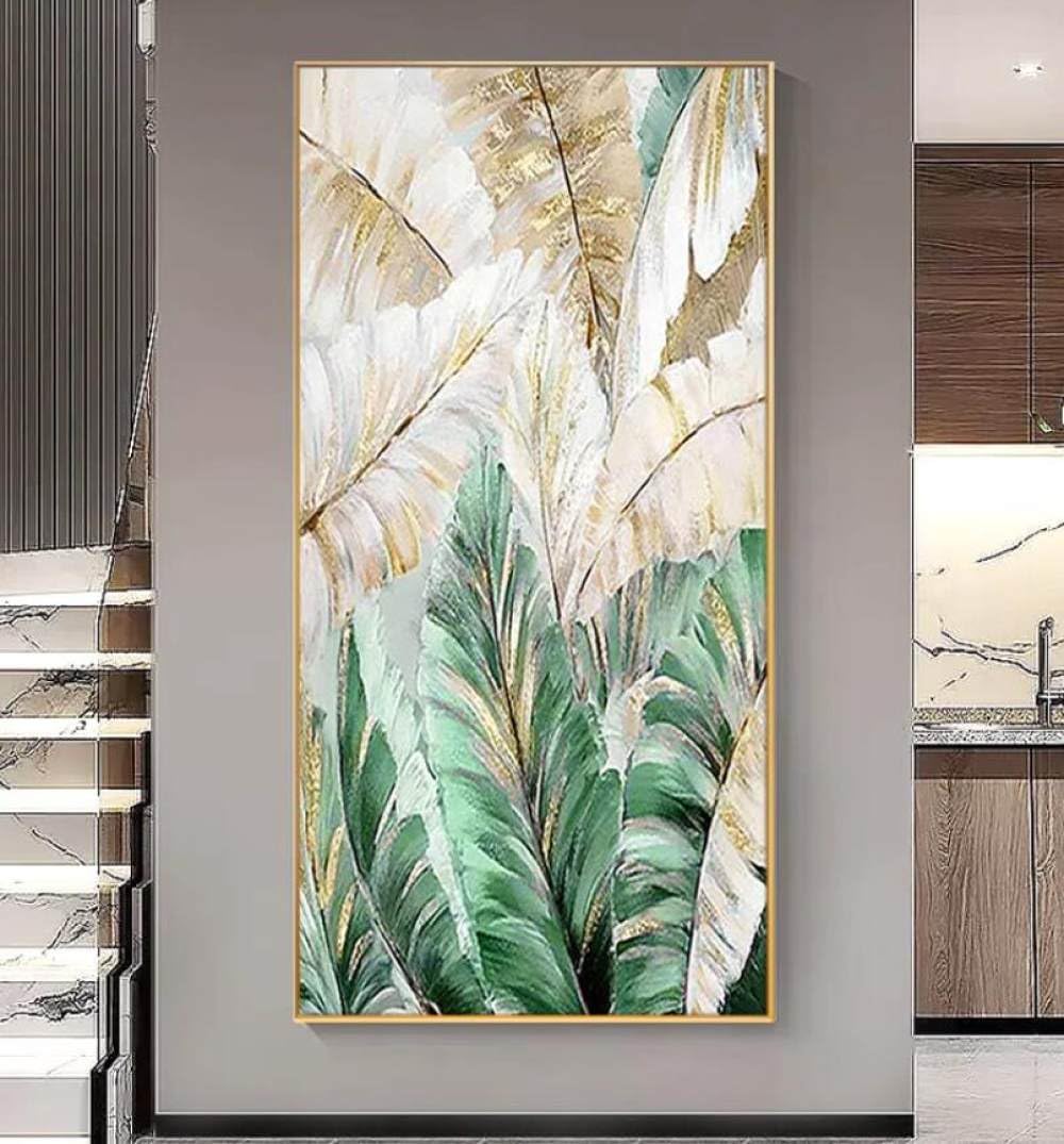 Tableau contemporain peint à la main, grande toile abstraite feuilles de bananier pour chambre