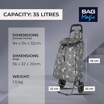 Lightweight 2 Wheel Shopping Trolley Cart 35L – Kitty Cat Foldable Grocery Cart with Strong Metal Frame, Water-Resistant Bag & Smooth Rolling Wheels – 94cm