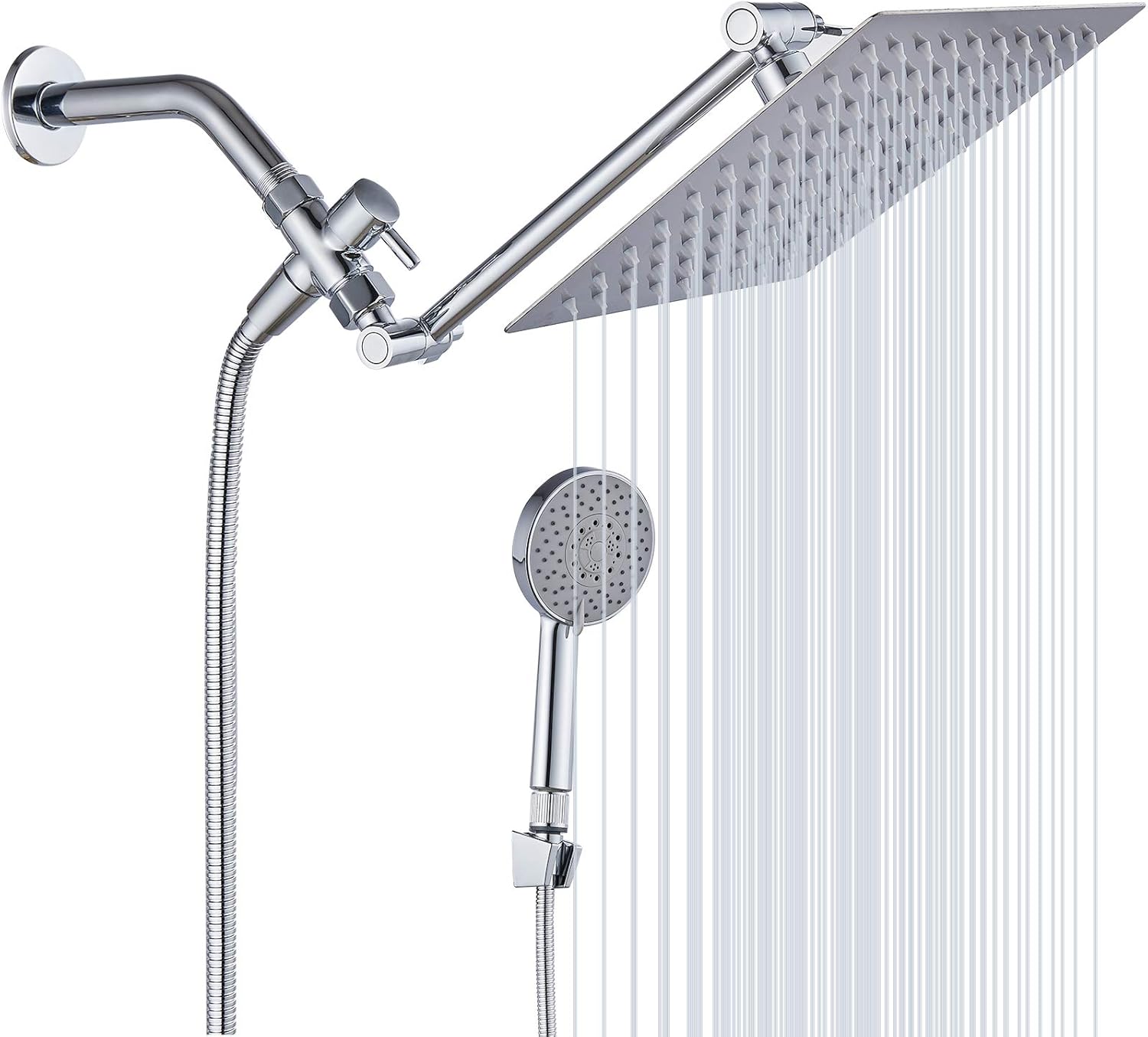 Limited Stock Showerhead with handheld kit 8'' High Pressure Rainfall Square Shower Head with Handheld Spray Combo Chrome Stainless Steel Adjustable with 9'' Extension Arm