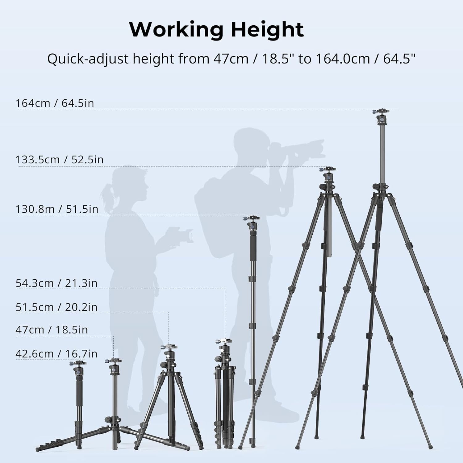 Diagram illustrating various working heights of the SmallRig CT25 tripod, ranging from 16.7 inches to 64.5 inches.