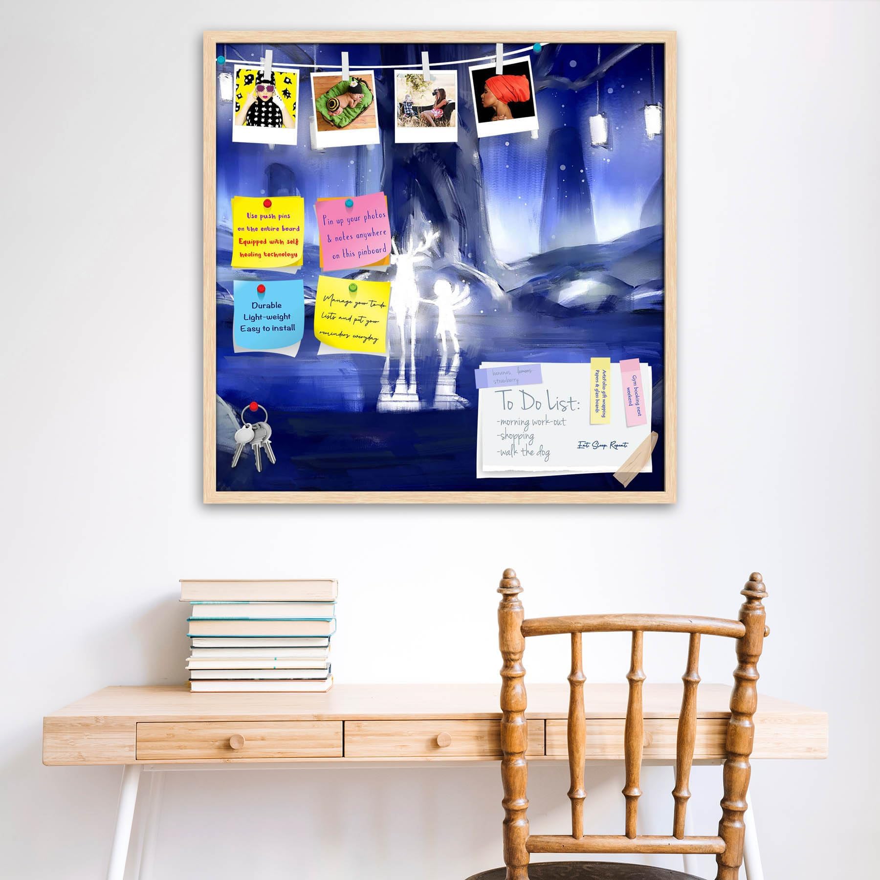 ArtzFolio Girl and Deer Under Tree | Bulletin Board Notice Pin Board | Vision Soft Board Combo with Thumb Push Pins & Sticky Notes | Natural Brown Frame | 12 x 12 inch (30 x 30 cms)