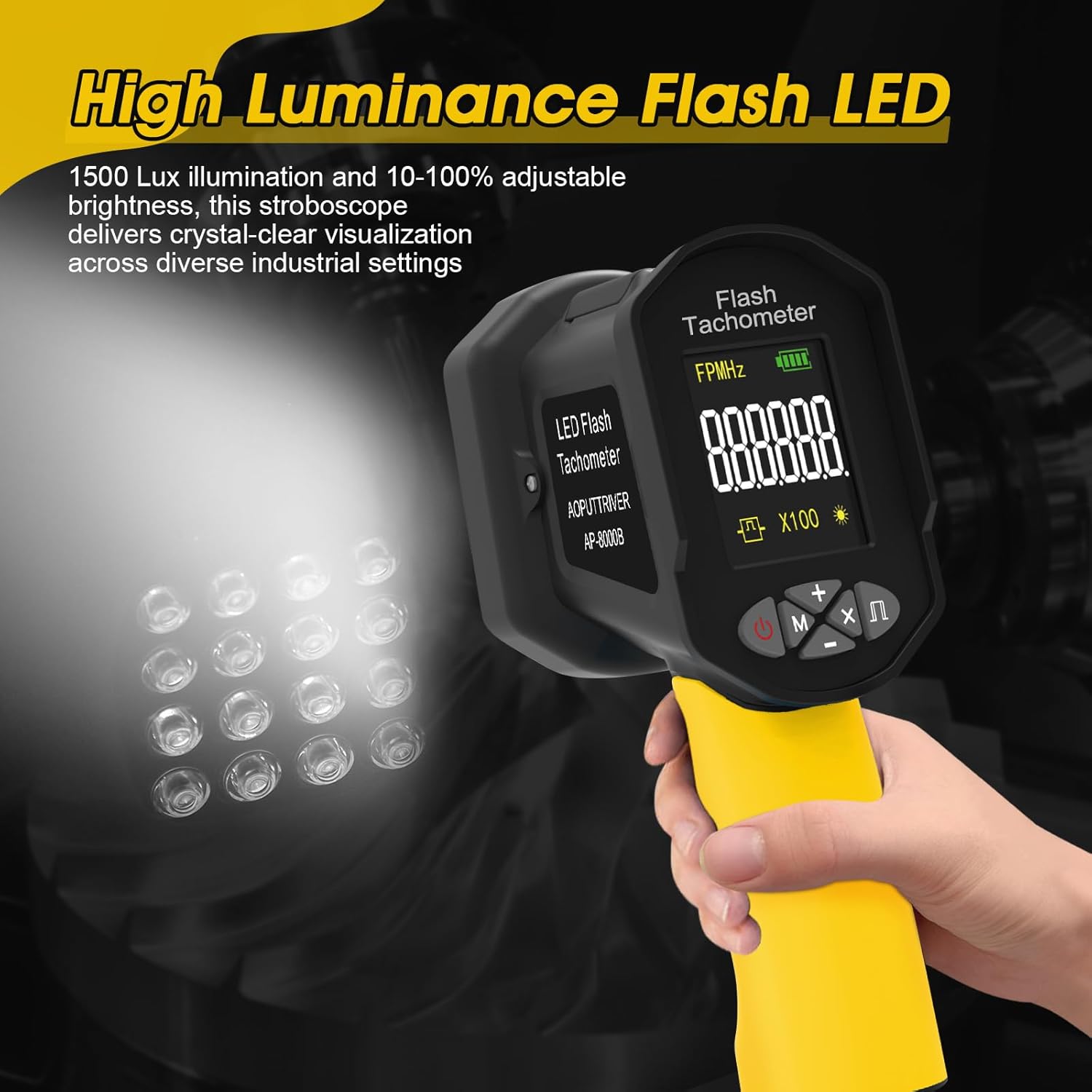 Digital Handheld Stroboscope Measuring 60-100000 RPM/Hz,0.001% Accuracy Non-Contact LED Tachometer Adjustable Strobe Light Timing Engine Speed Analyzer 1500LUX RPM Meter