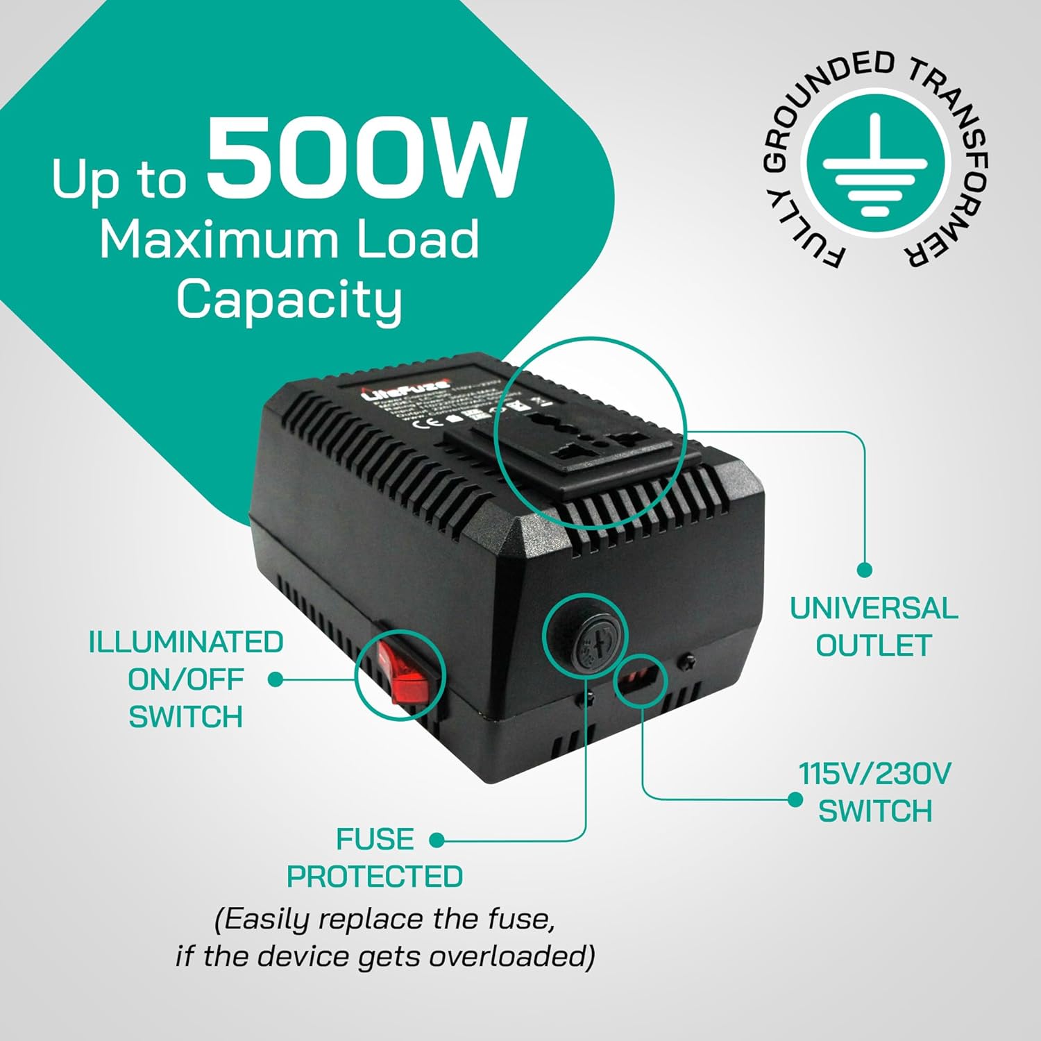 LiteFuze 500 Watt Step Up/Step Down Travel Voltage Converter, 220/110v to 110/220v converter with Type B Plug – Compatible with Hair Straightener, Camera, Laptop & More