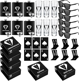 Leumoi 36 Pcs Groomsmen Gifts Box Set Groomsmen Box Stainless Steel Flask Shot Glasses Beer Bottle Poker Card Opener Sunglasses Socks Proposal Gift for Wedding Party