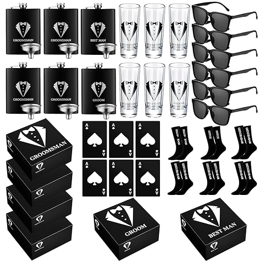 36 Pcs Groomsmen Gifts Box Set 6 Groomsmen Box 6 Stainless Steel Flask 6 Groomsmen Shot Glasses 6 Beer Bottle Poker Card Opener 6 Sunglasses 6 Socks Groomsmen Proposal Gift for Wedding Party
