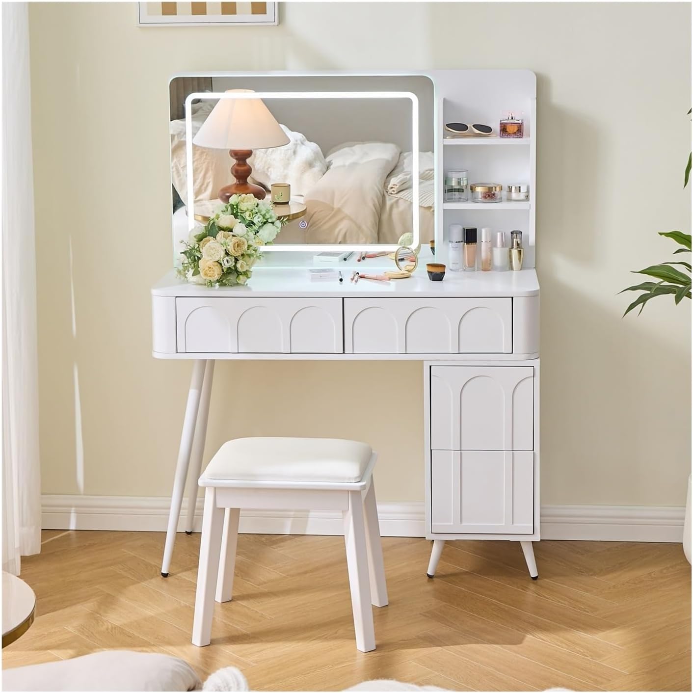 Modern Makeup Vanity Desk with LED Lights & Mirror, 4 Drawer Dressing Table Set with Stool, 3 Colors Dimmable Brightness, Space-Saving for Bedroom