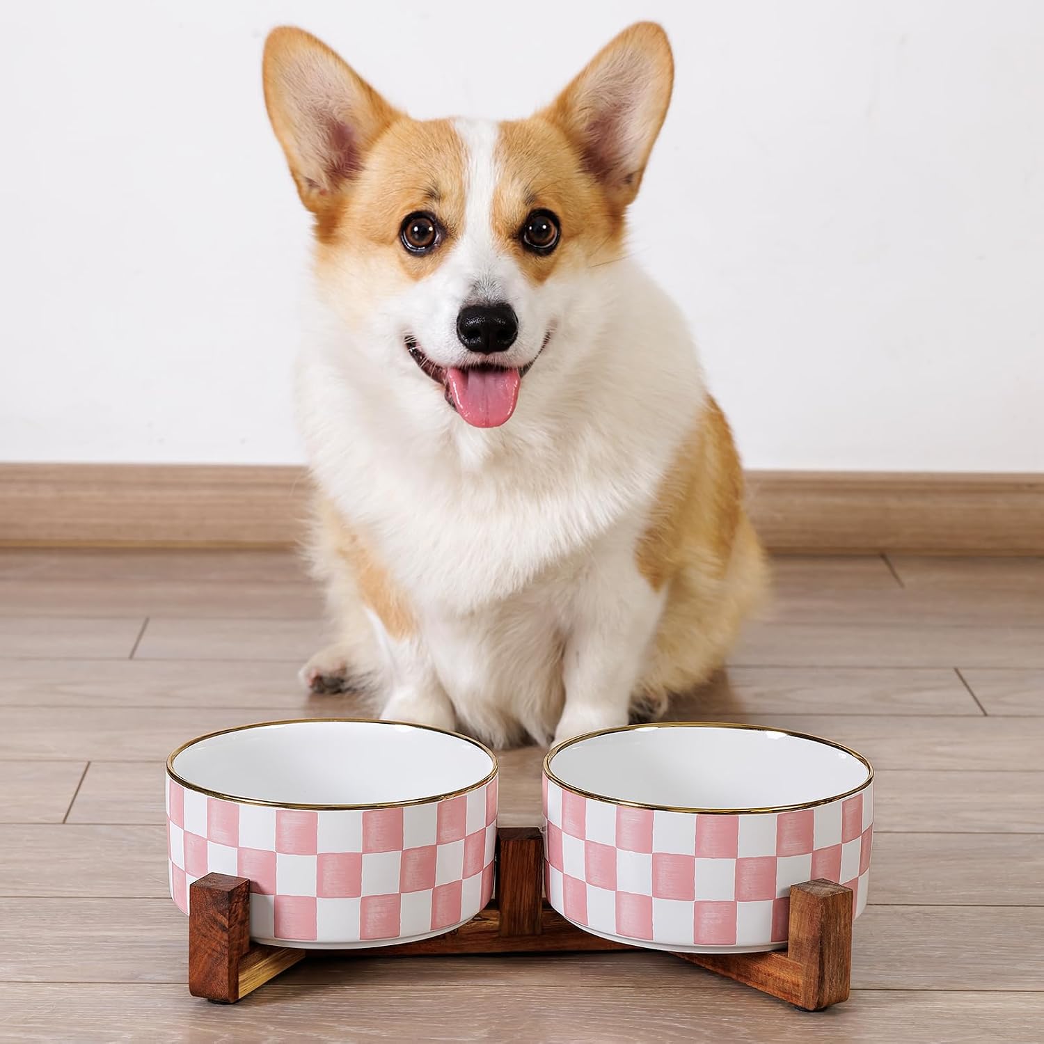 Ceramic Dog Bowls for Medium Dogs, 3.5 Cups Checkered Dog Food and Water Bowl with Acacia Wood Stand, Non-Slip Anti-Tip Elevated Feeding Station, Pink and White