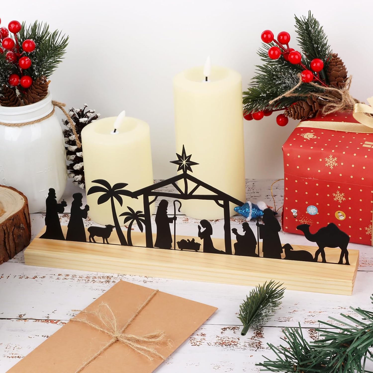 Nativity Set- Christmas Indoor Decor Christmas Nativity Scene with Wooden Base for Xmas Decorations Xmas Home Tabletop Fireplace Office Decorations 13 x 2.4 x 5.3 Inches, Black
