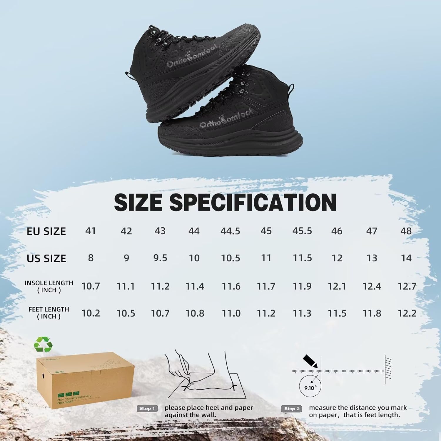 Men's Orthopedic Waterproof Hiking Boots: Comfortable Plantar Fasciitis Work Walking Running Trekking Shoes, Flat Feet Orthotic Mid Ankle Support Trail Sneakers for Foot and Heel Pain Relief - Image 9