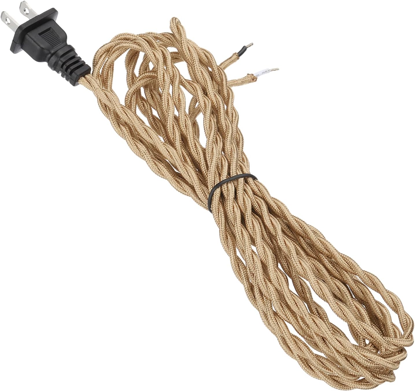uxcell 12Ft 18/2 Twisted Cloth Covered Lamp Cord, 1 Pcs Vintage Fabric Electrical Wire with Plug Stripped Ends Ready for Extension Wiring DIY Repairing, Light Golden