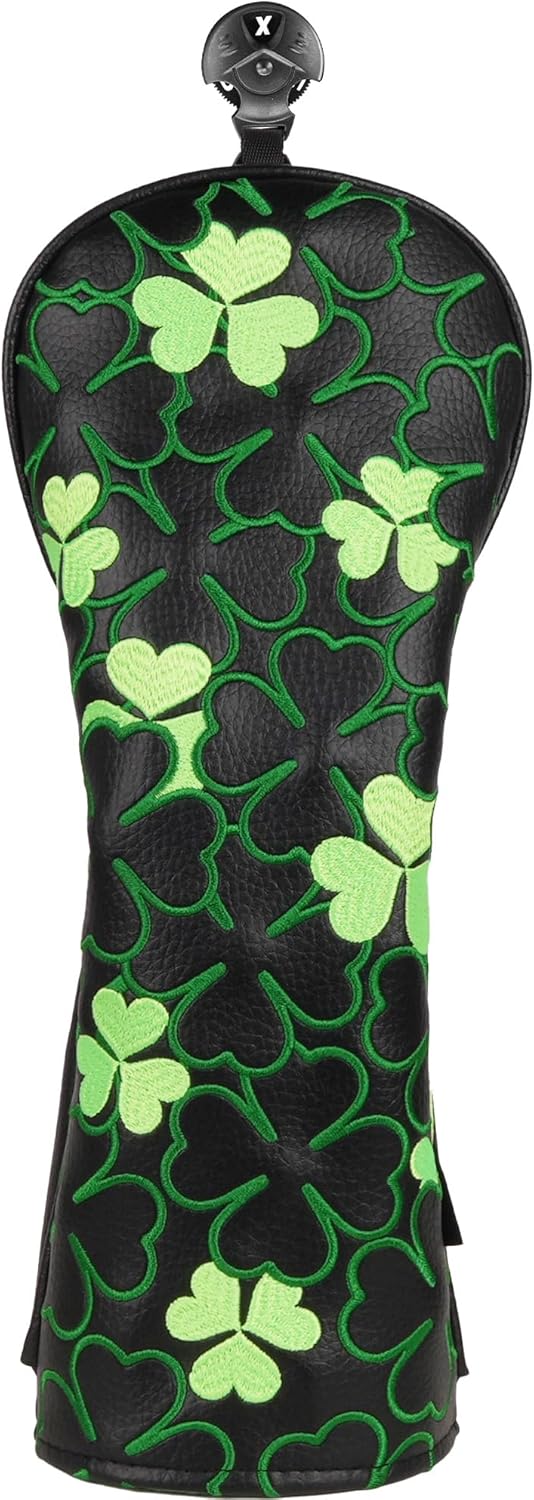 Big Teeth Golf Putter Covers Mallet Putter Headcover Magnetic Closure, Shamrock Putter Cover Headcover Black Leather Mallet Putter Covers for 2 Ball Putter