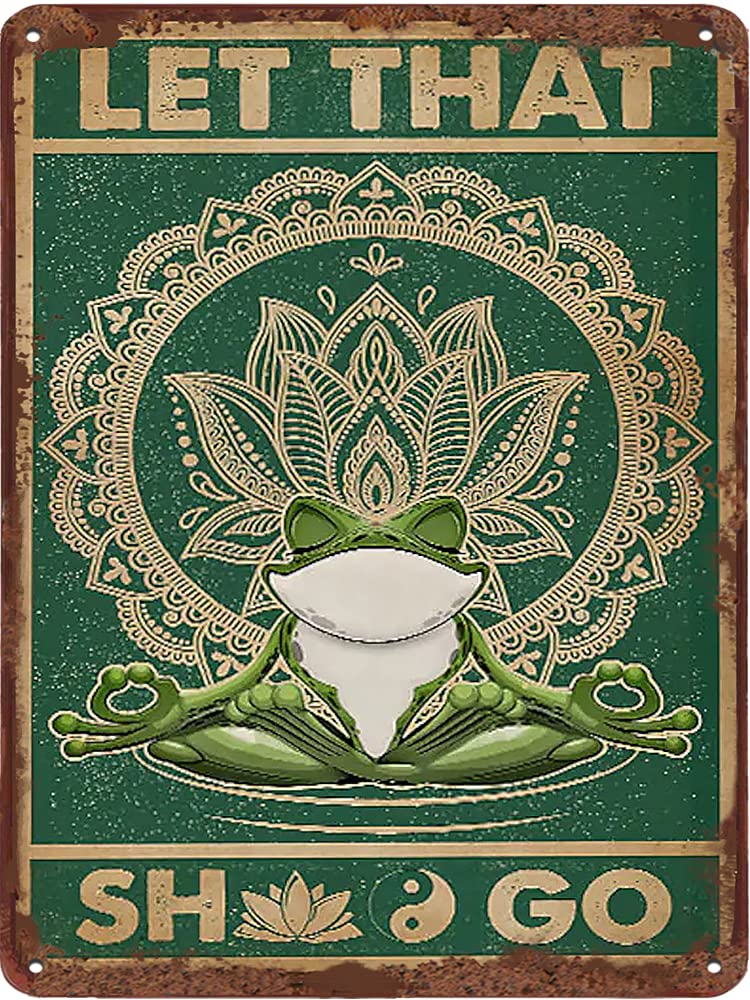 Frog Let That Shit Go Vintage Tin Sign Yoga Frog Poster Funny Frog Wall Art Vintage Yoga Print Retro Style Tin Sign Yoga Studio Decor For Home Office Metal Sign Funny Home Decoration 5.5x8 Inch