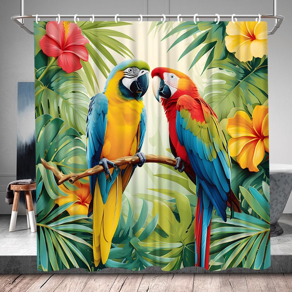 Parrot Shower Curtain Beautiful Birds Spring Tropical Green Palm Leaves Floral Flower Summer Watercolor Plant Bathroom Decor Set with Hooks 70Wx90H Inch