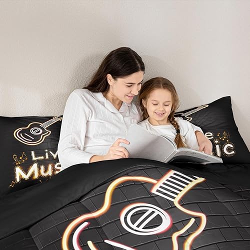 Miniatura 5 de Erosebridal Juego de edredón de guitarra neón tamaño individual para niños y niñas, juego de ropa de cama de música en vivo, edredón de plumón de
