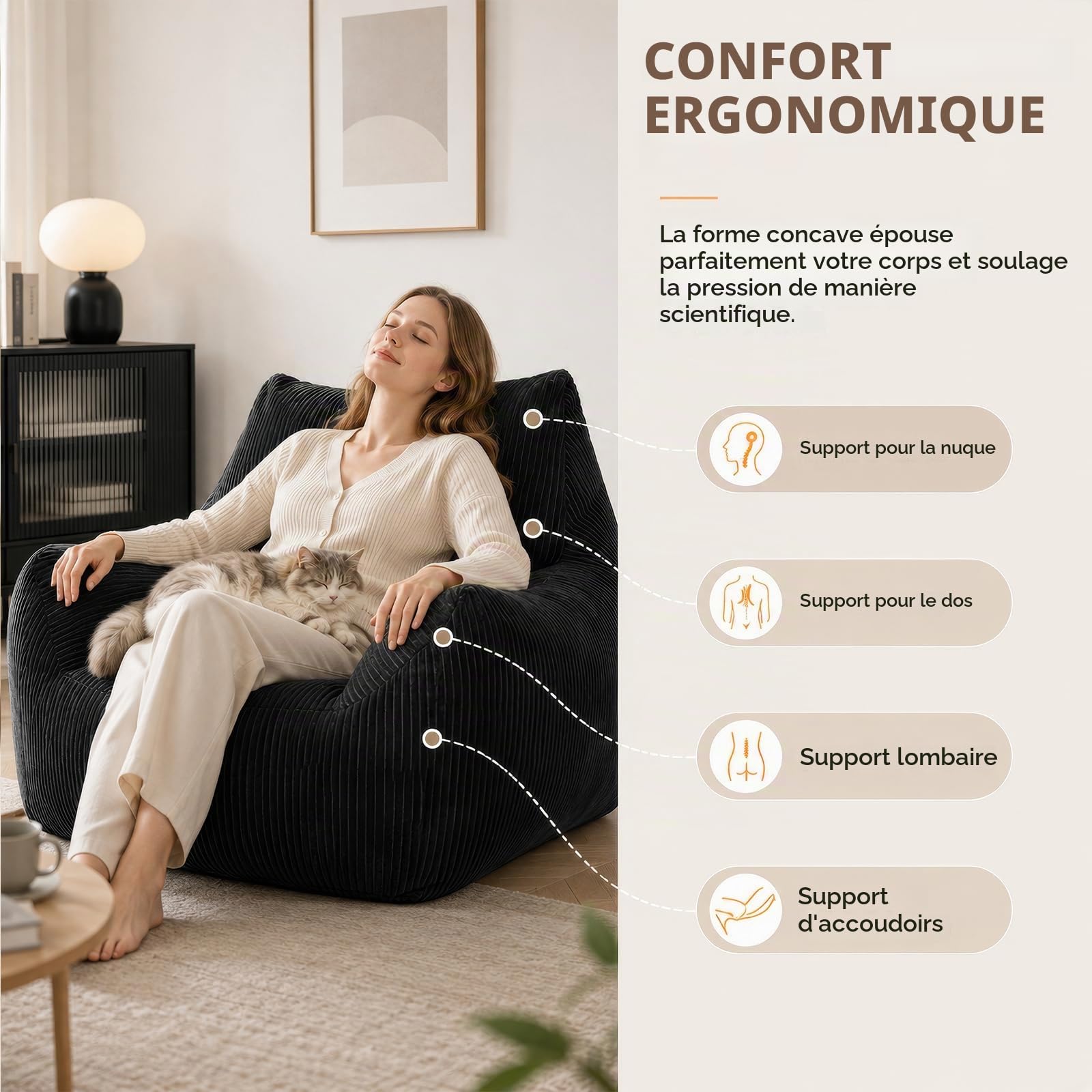 Pouf pour adultes rembourré en velours côtelé avec dossier, grand fauteuil pour jeux vidéo et chaise de sol pour salon, chambre à coucher et chambre d'adolescent, 80 x 73 x 80 cm, couleur noire