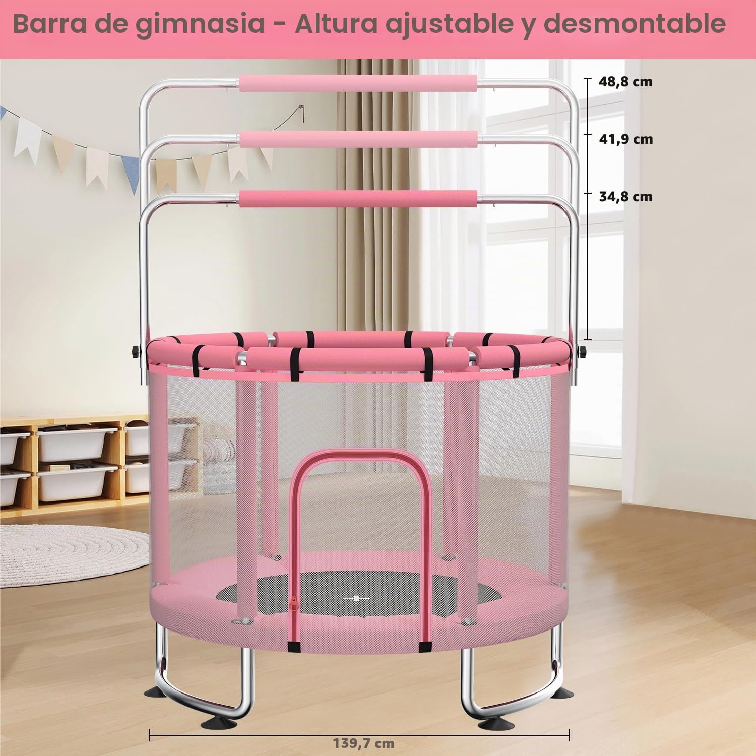 Trampolín Infantil de 140 cm para Interior y Exterior, Capacidad de Carga de 50 kg, con Red de Seguridad, Barra de Gimnasia Ajustable y aro de Baloncesto, Ideal para niños y niñas.