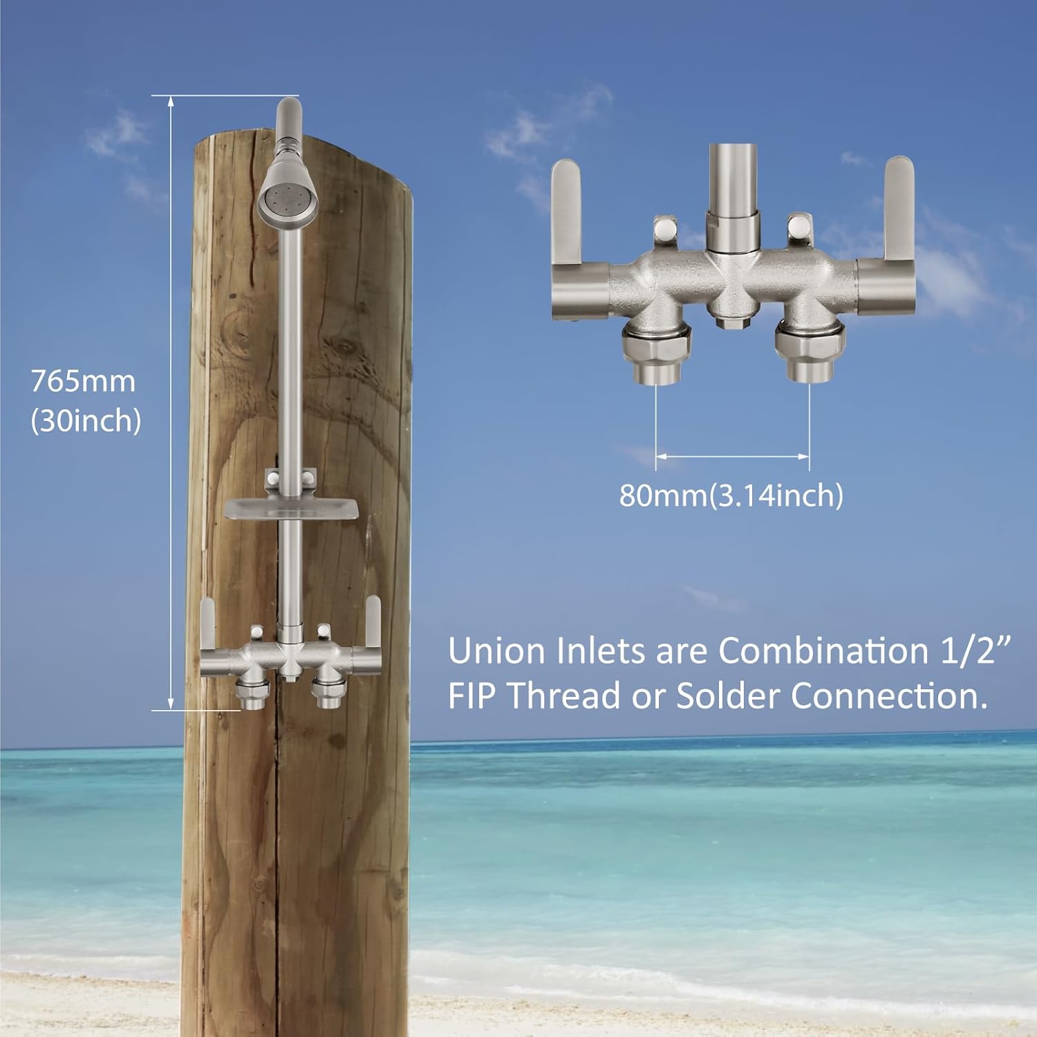 Aolemi Outdoor Shower Fixtures,Outdoor Shower Kit Faucet System 3 Inch Center with Showerhead 2 Handle Exposed Shower with Brass Mix Valve Pipe Downward with Soap Dish Brushed Nickel