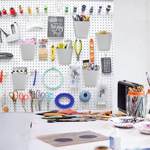 Miniatura 8 de Paquete de 6 recipientes grandes para tablero de clavijas, con ganchos, color gris, cuadrado, para garaje, banco de trabajo, sala de manualidades,