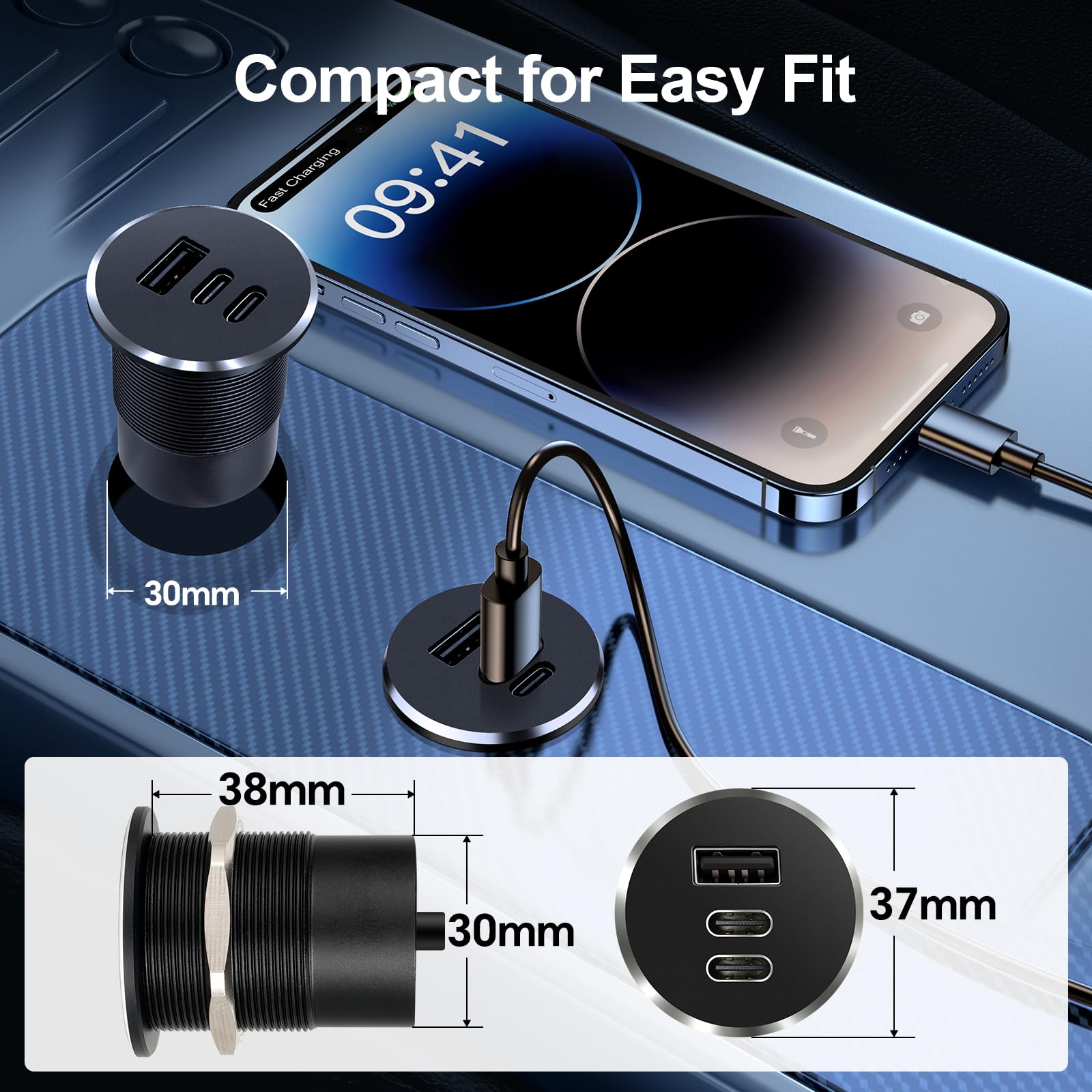 Gniazdo USB C 12 V, kamper USB, całkowicie aluminiowe, podwójny port typu C PD 3.0 i QC3.0 szybka ładowarka do samochodu, kampera, furgonetki, łodzi, ciężarówki, 2 szt