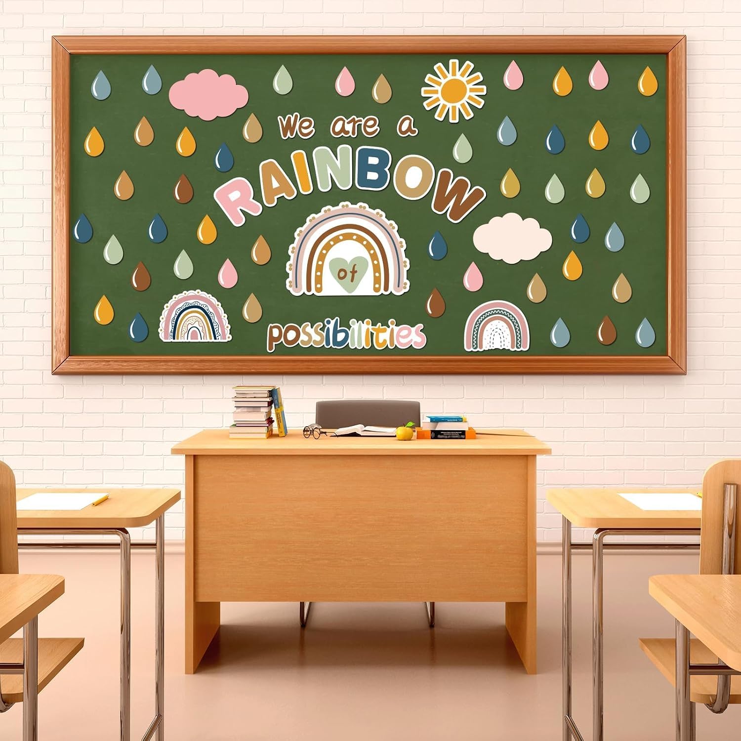 Boho Rainbow Bulletin Board Set Decorations We are A Rainbow of Possibilities Cutouts Motivational Back to School Wall Decals Clouds Raindrops Sun Paper-Cuts for Classroom School Office Decor Supplies