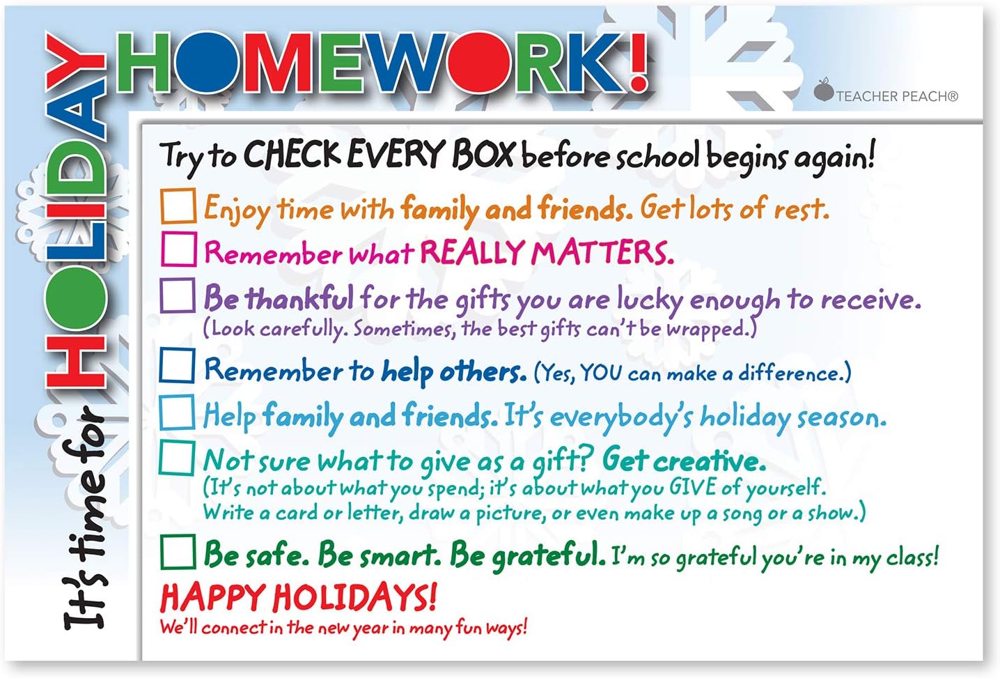 Teacher Peach"Holiday Homework" Positive Postcards - Motivational Thank You Notes from Teachers - Classroom Teaching Supplies for Preschool, Kindergarten, or Elementary School Teachers - 50 Cards