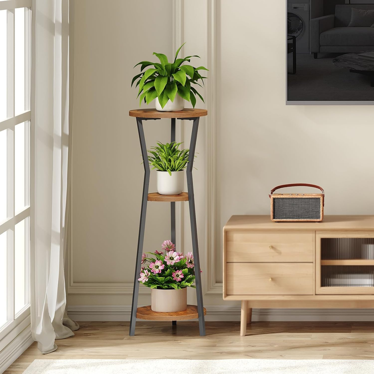 MAHANCRIS Plant Stand Indoor, 3 Tier Round Corner Plant Stand Indoor, Round Plant Holder Rack, 35" Tall Plant Shelf for Living Room, Balcony, Patio, Rustic Brown and Black PSHR0401