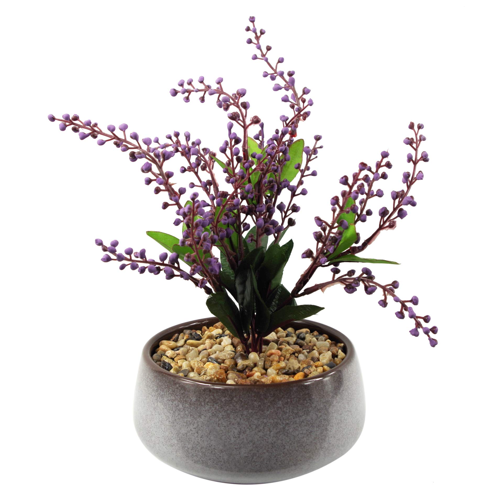 Leaf Ceramic Blue Dish Planter with Artificial Office Desk Plant, Purple Vitex Negundo, 25cm