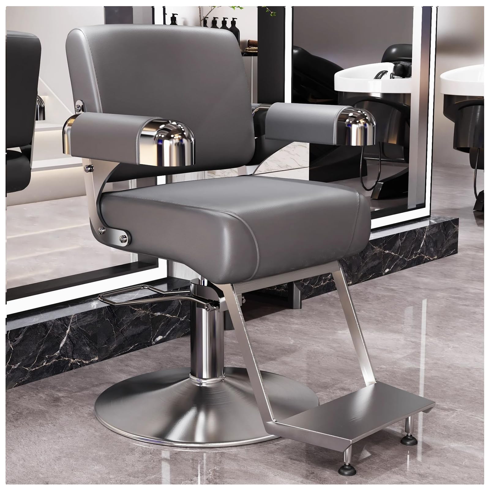 Sedia da Barbiere Professionale, Sedia da Salone in Pelle PU con Girevole a 360° e Poggiapiedi in Acciaio,Grigio,A