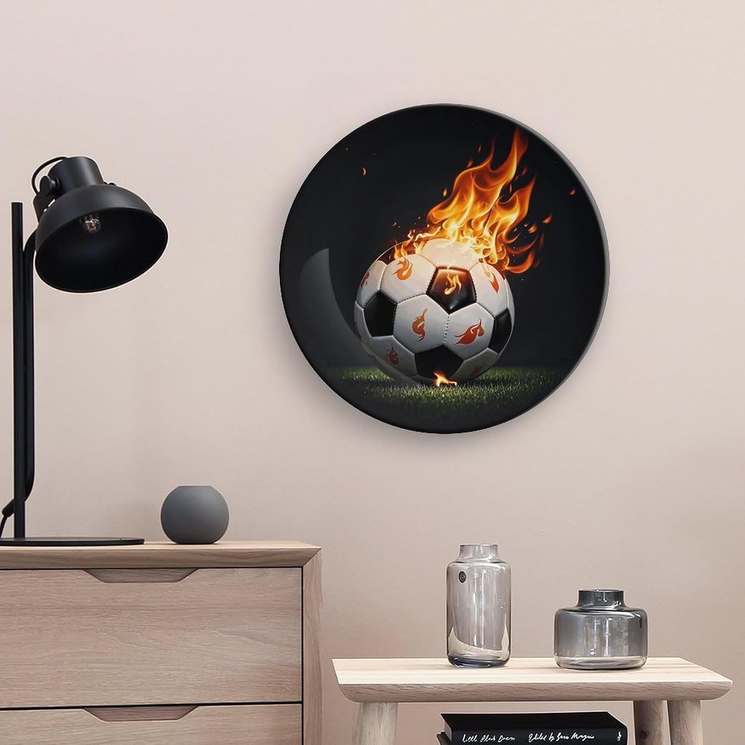Soccer Flames Ceramic Decorative Plate for Home, Bone China Plates | Chinese Style Decorative Dish with Stand, Dinner Plates Art Crafts for Wall Decor, Collections Plate with Hook 10inch