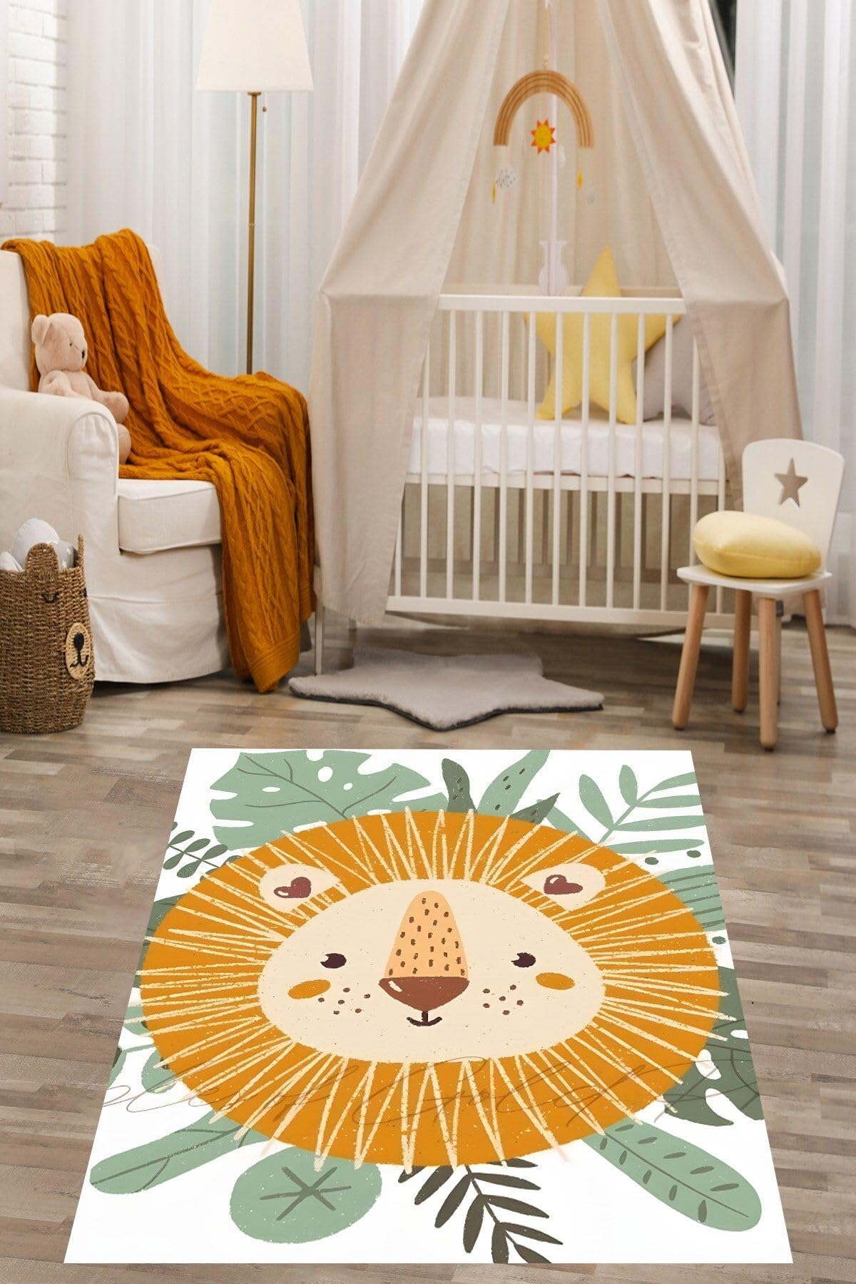 Pelangi Sevimli Aslan ve Tropikal Yapraklar Desenli Yıkanabilir Kaymaz Taban Leke Tutmaz Çocuk Odası Halısık, Yeşil-Beyaz-Gri 120 x 160