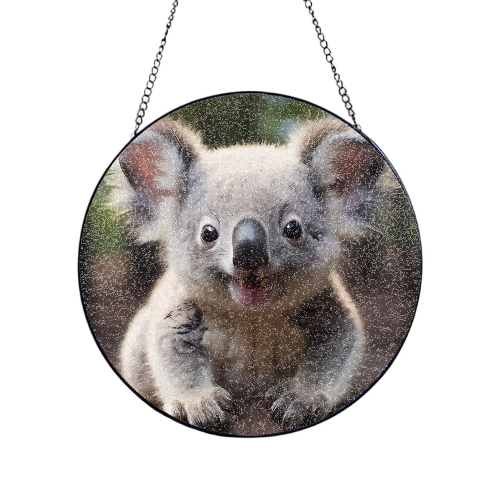 Phayah Cute Koala Print Glass Window Hanging Round Suncatcher Glass Ornament Garden Wall Fence Decorations Indoor Outdoor 10in（25cm）