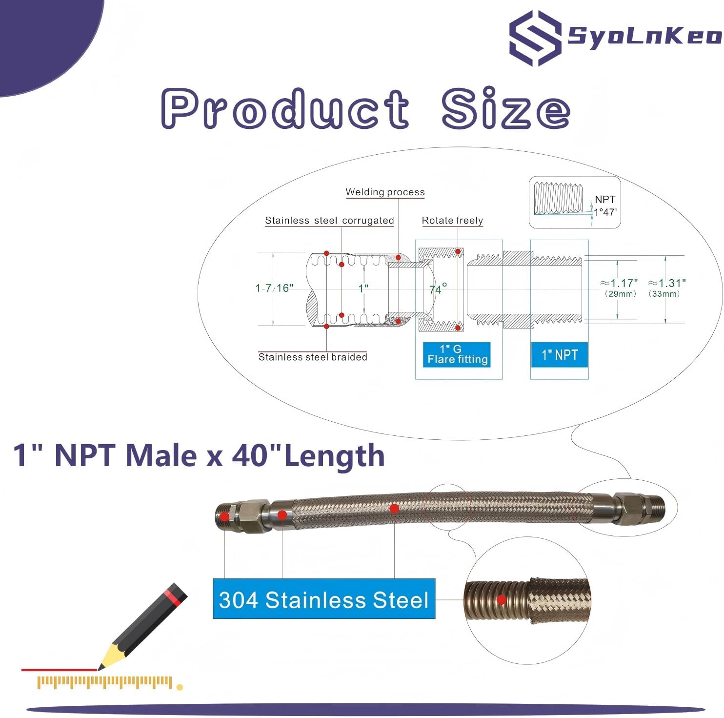 Industrial-Grade Stainless Steel 1" Compressor Jumper Hose, 1" NPT Male x 40"Length,750°F，450 PSI,Both Sides Fittings Rotate Freely