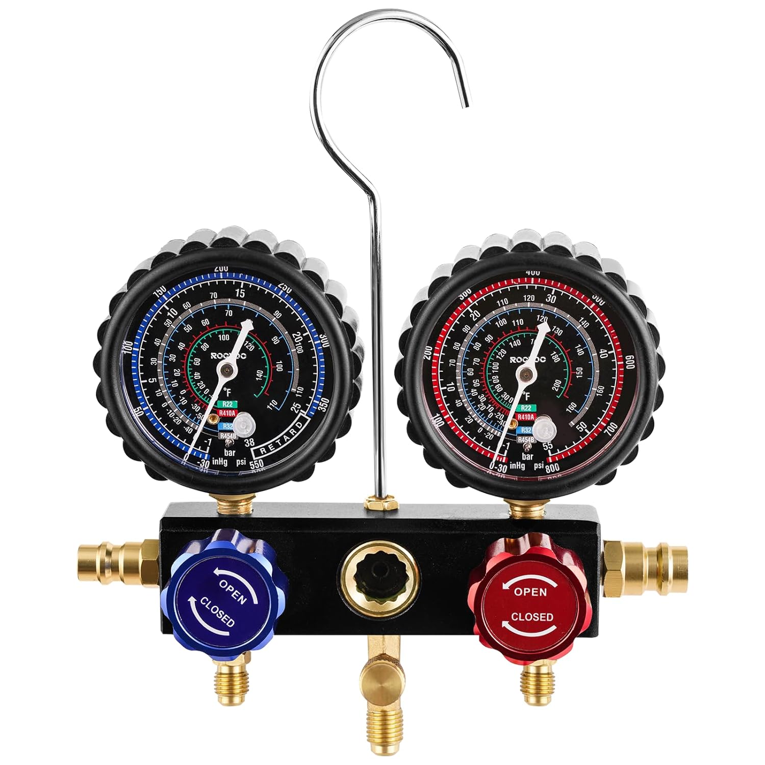 3-Way R454B AC Gauge Set, HVAC A2L Manifold Gauges for R454B/R32/R410A/R22 Refrigeran, AC Refrigerant Gauges Set with A2L/R410a Adapters, 5FT Hoses