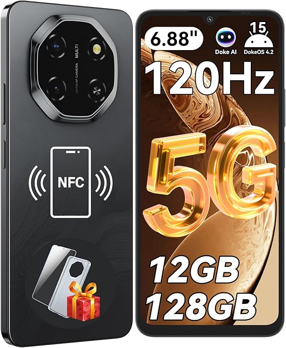 Blackview Shark 6 هواتف أندرويد مفتوحة 5G (2025)، هاتف محمول أندرويد 15 مفتوح،شاشة 6.88 بوصة 120 هرتز، 12 جيجابايت + 128 جيجابايت/2 تيرابايت،كاميرا ذكاء اصطناعي 16 ميجابكسل + 8 ميجابكسل، 5000 مللي أمبير/18 وات،بصمة الإصبع/معرف الوجه،بطاقتي SIM/GPS/OTG/NFC،أسود