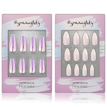 Hypnaughty Press On Nails - Party Star Coffin & Light Peach Almond Chrome, Trendy & Salon Quality Reusable Nails With Kit