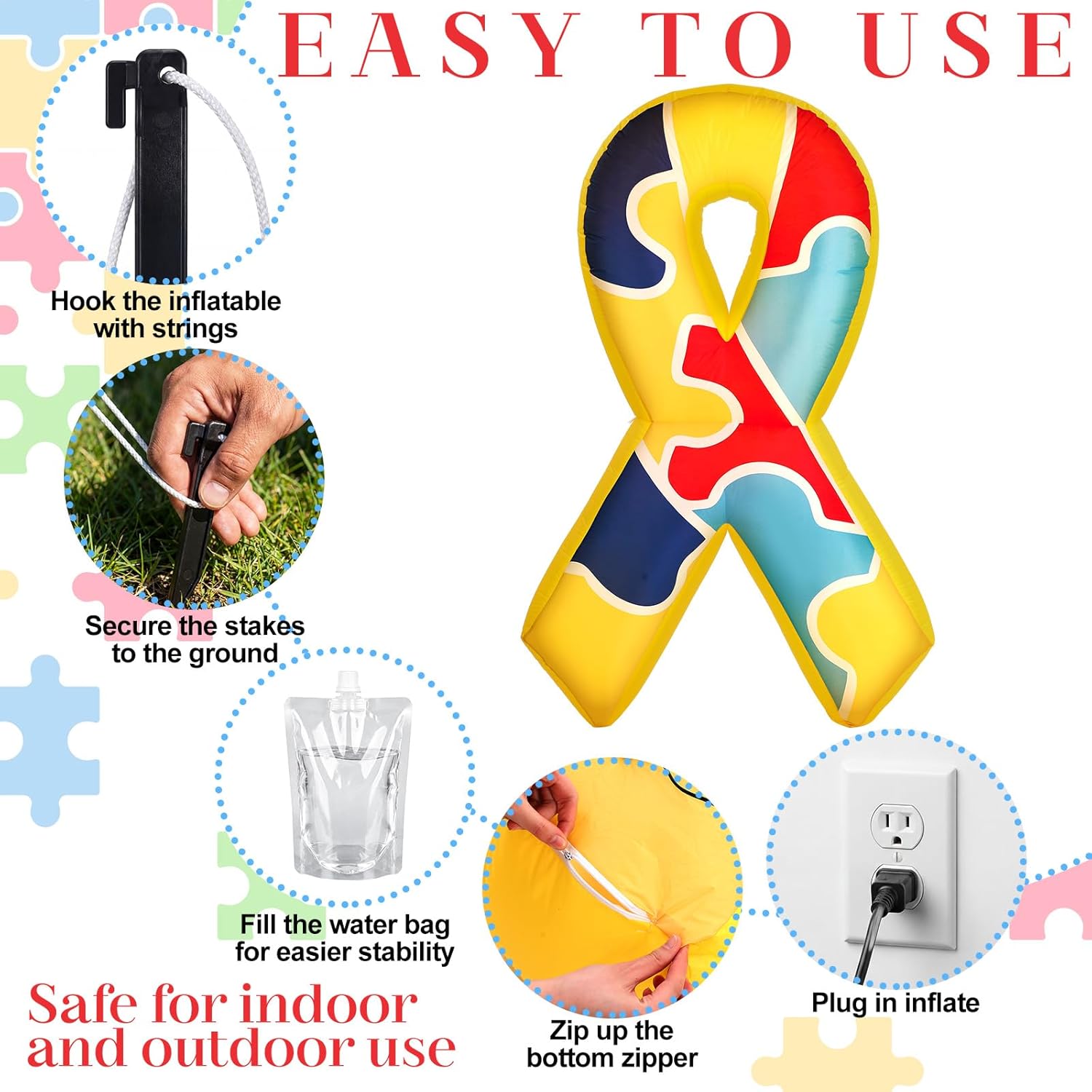 6ft Autism Awareness Inflatable Colorful Puzzle Pieces Ribbon Outdoor Decoration Blow up Autism Awareness Month Yard Decoration with LED Lights Blower Yard Sign for Event Supply Lawn