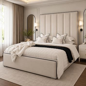 AL SULTAN Double Bed Frame Hugo Luxury with Tall Panelled High Headboard & Contrast Piping   Modern Plush Velvet Upholstered Bed for Bedroom - Cream