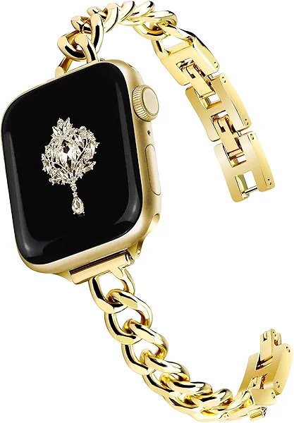 Newlibery Slim Gold Band for Women Feminine Elegant Compatible with Apple Watch 38mm 40mm 41mm 42mm (S10/11) Adjustable Metal Strap Dressy Chain Bracelet for iWatch Series 11/10/9/8/7/6/5/4/SE/3/2/1